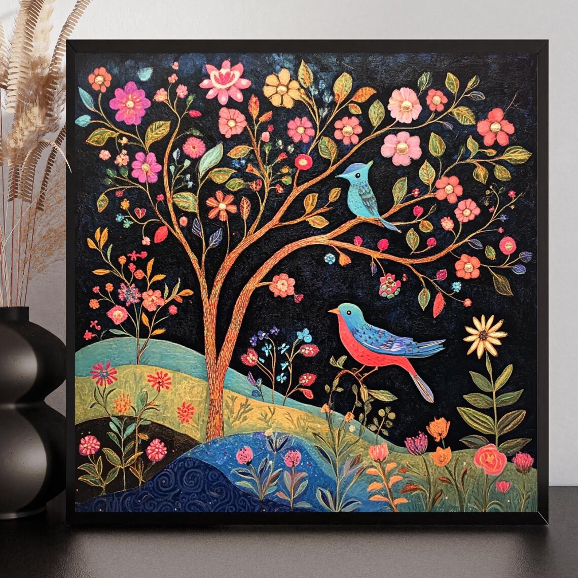 Folk Art Birds on Blooming Tree Pink Blossoms Whimsical Wall Art