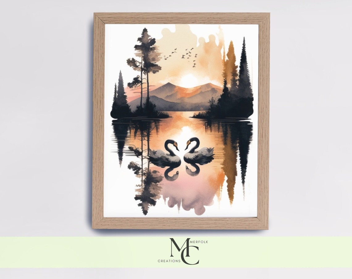 Two Swans at Sunset on a Mountain Lake Watercolor Nature Poster