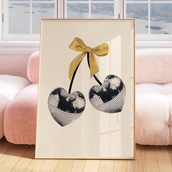 Cherry Disco Ball Gold Ribbon Bow Coquette Retro Dorm Decor Poster