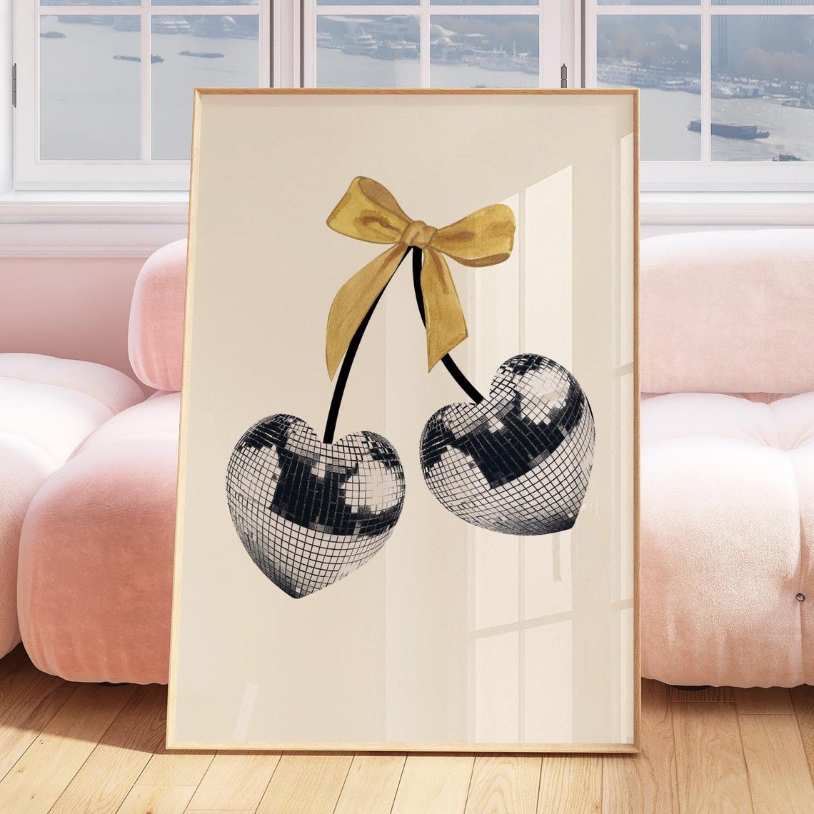 Cherry Disco Ball Gold Ribbon Bow Coquette Retro Dorm Decor Poster