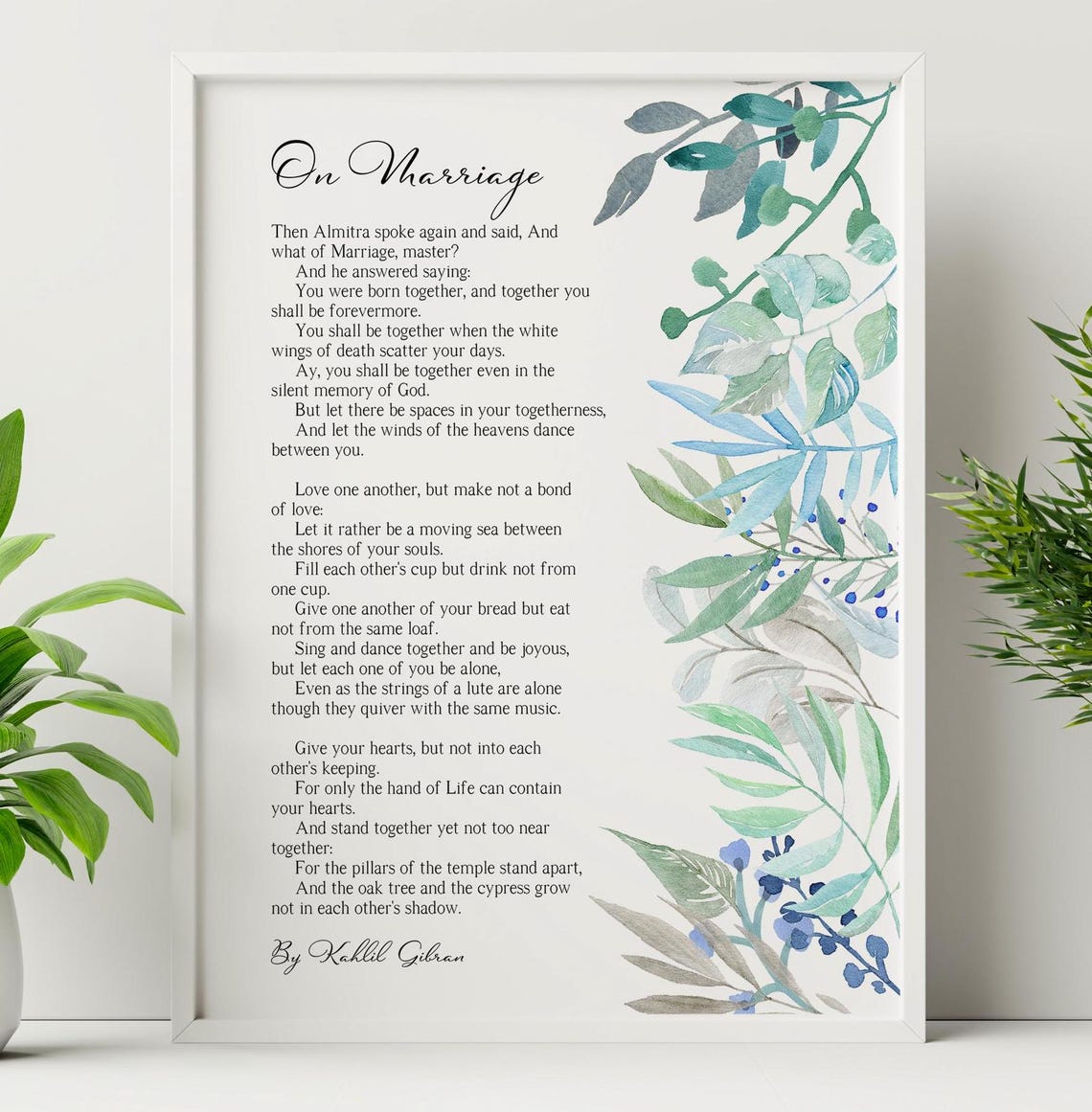 Kahlil Gibran On Marriage Poem Poster With Watercolor Botanical Border