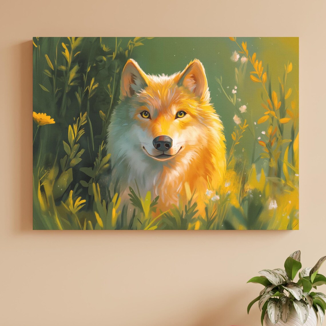 Golden Wolf Portrait Sunlit Wildflower Meadow Wildlife Nature Art Poster
