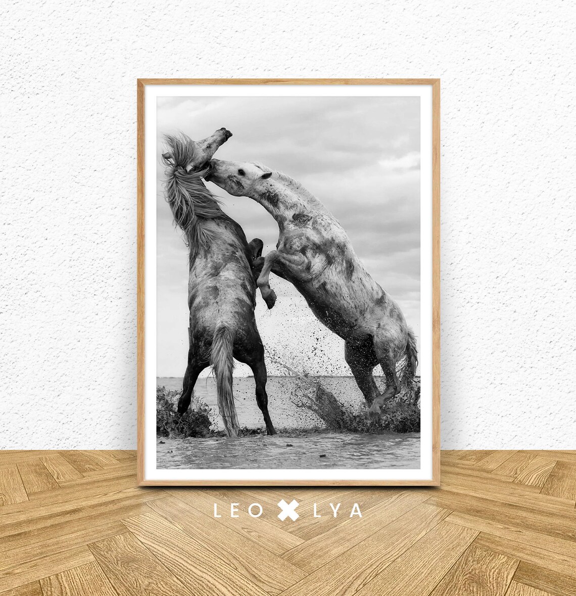 Two White Horses Rearing In Water Black And White Dramatic Wall Art