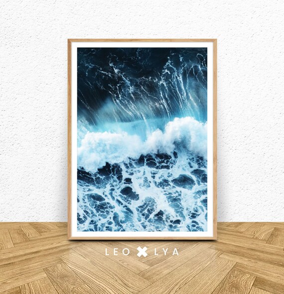 Crashing Ocean Wave Aerial Blue Sea Foam Photography Poster for Beach Decor