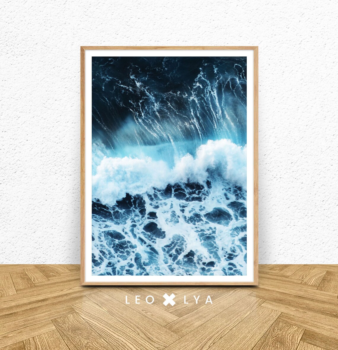 Crashing Ocean Wave Aerial Blue Sea Foam Photography Poster for Beach Decor