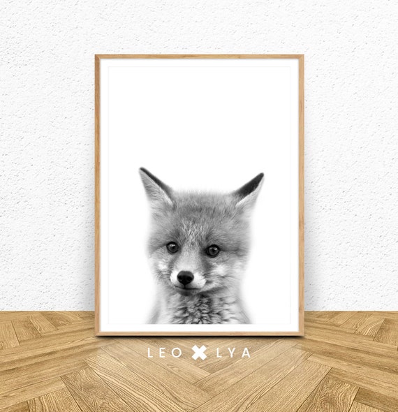 Fox Cub Nursery Decor Art Print, Minimalist Black And White