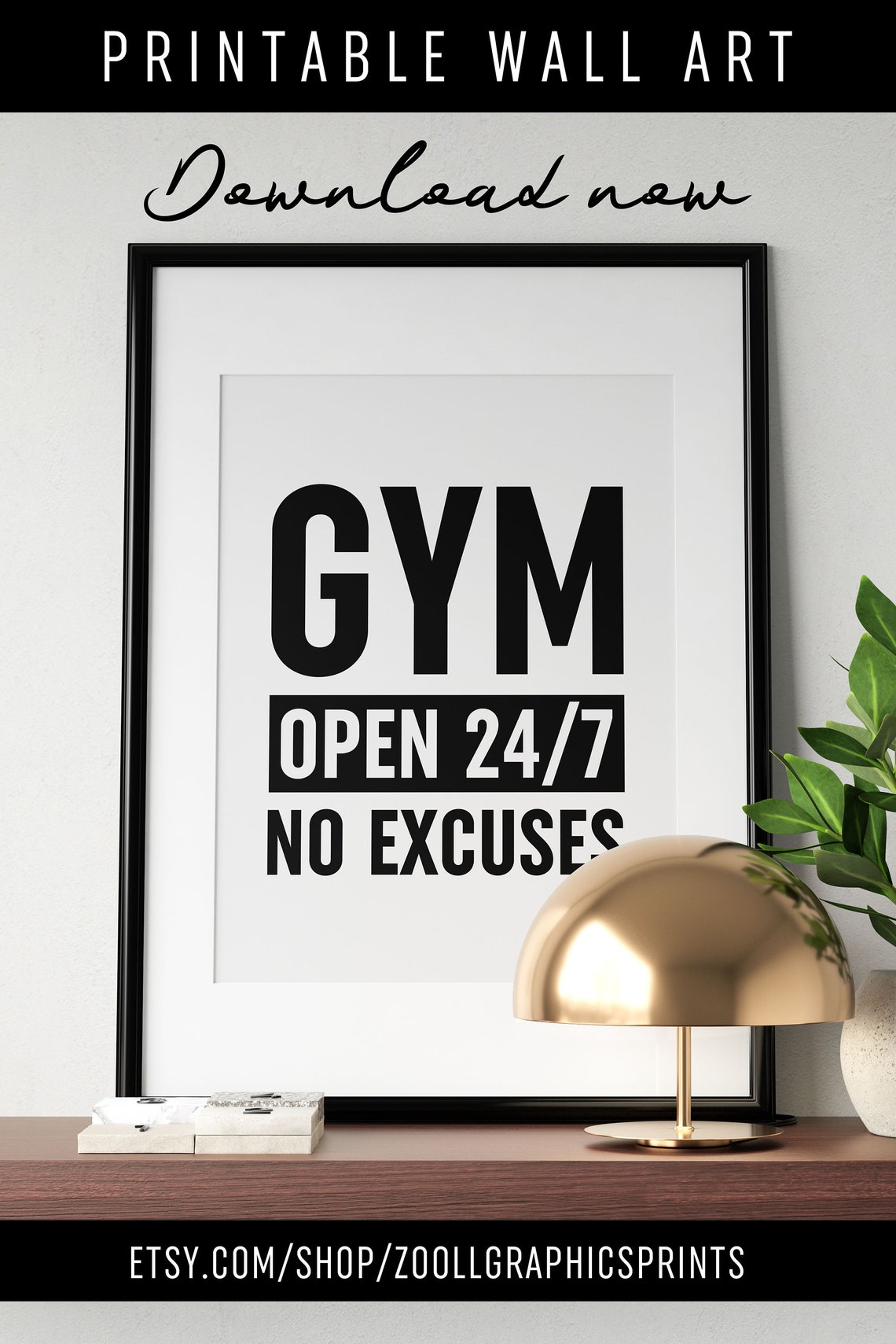 Gym Open 24/7 No Excuses Bold Workout Fitness Home Sign Poster - Image 2