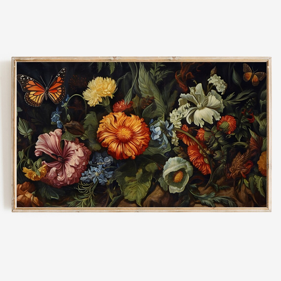 Dark Botanical Jewel Toned Floral Garden Monarch Butterfly Art Poster