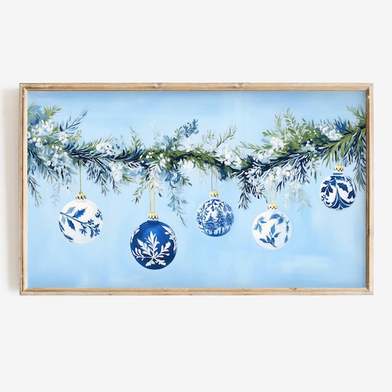 Blue Chinoiserie Christmas Ornaments Garland Art Print