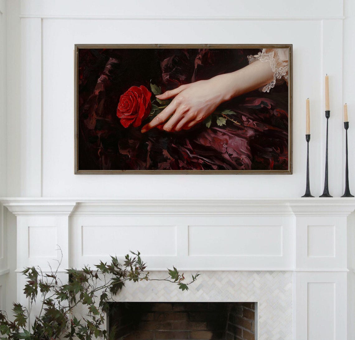 Hand Holding Red Rose On Dark Ground Moody Vintage Rose Art Poster - Image 5