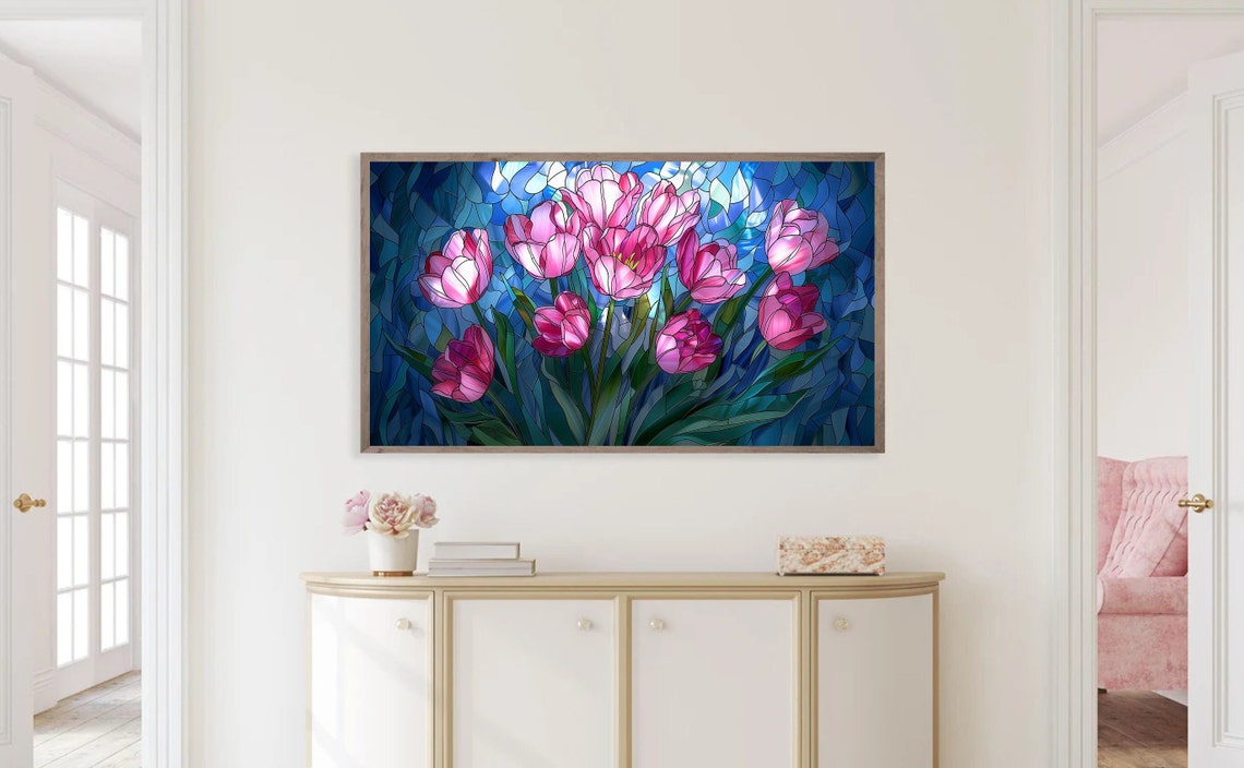Pink Tulip Stained Glass Spring Blooms Blue Mosaic Glass Panel Poster - Image 3