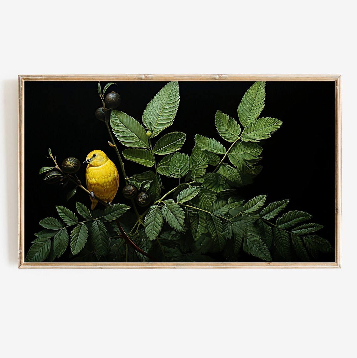 Yellow Songbird On Branch Dark Moody Botanical Painting Poster