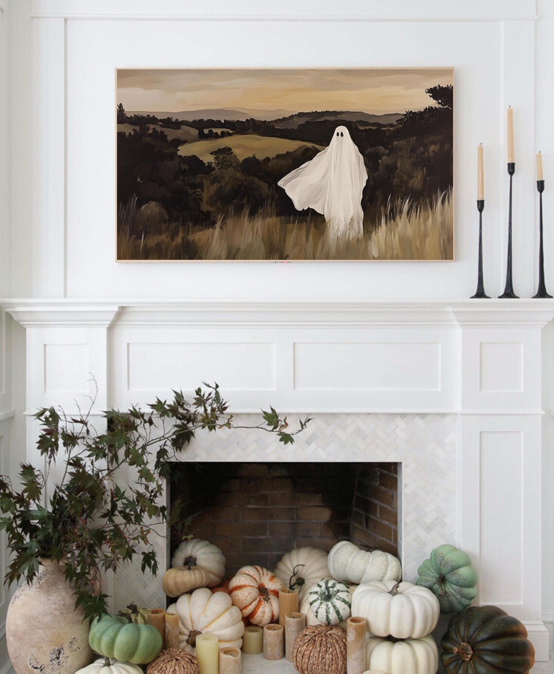 Sheet Ghost Overlooking Rolling Autumn Hills Golden Dusk Halloween Poster - Image 2