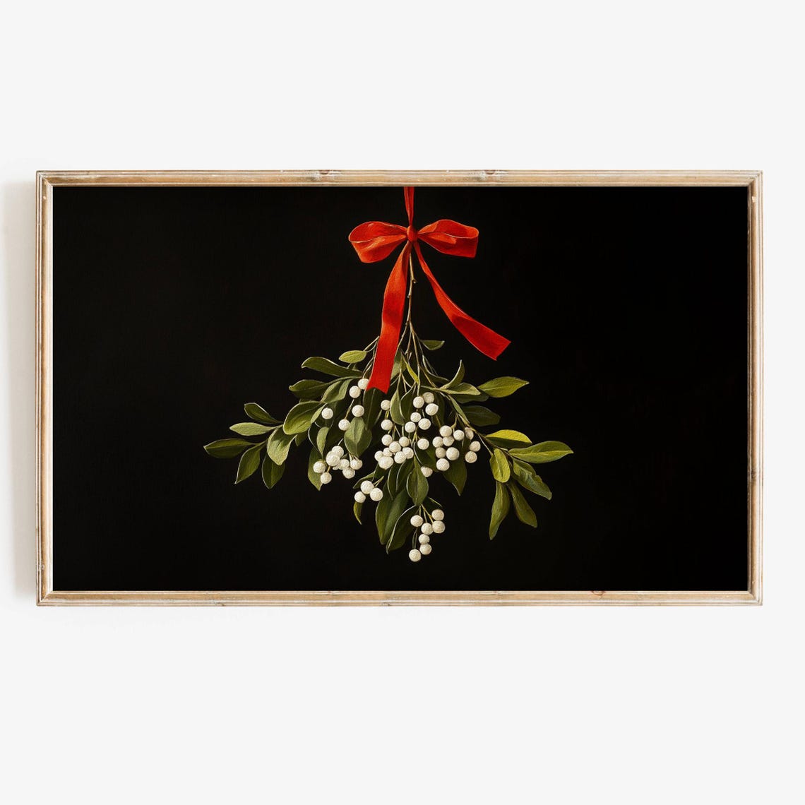 Mistletoe White Berries Red Ribbon Dramatic Black Background Poster