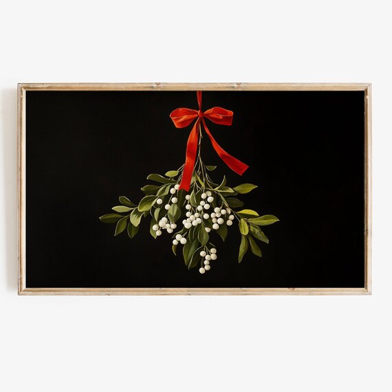 Christmas Frame Tv Art Moody Dark Botanical Holiday Mistletoe