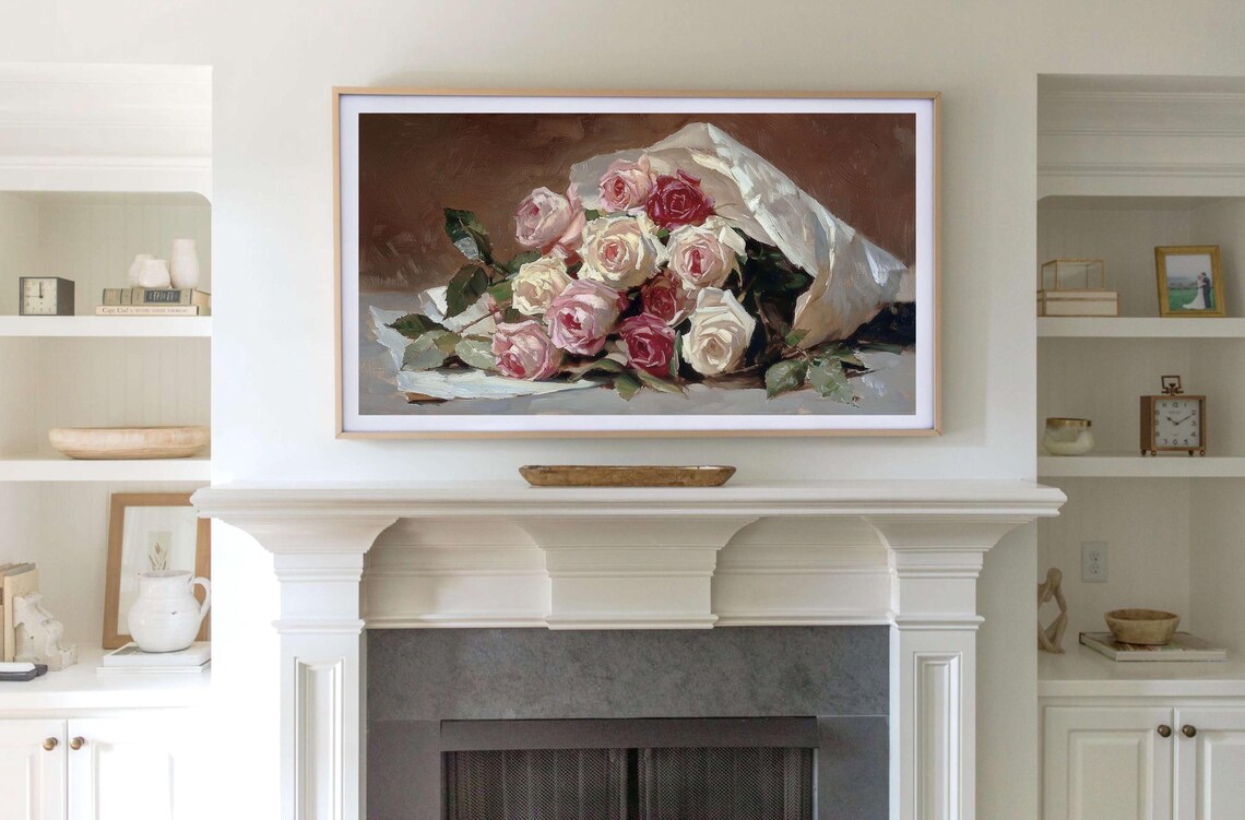 Pink White Rose Bouquet Wrapped In Paper Vintage Still Life Poster - Image 4