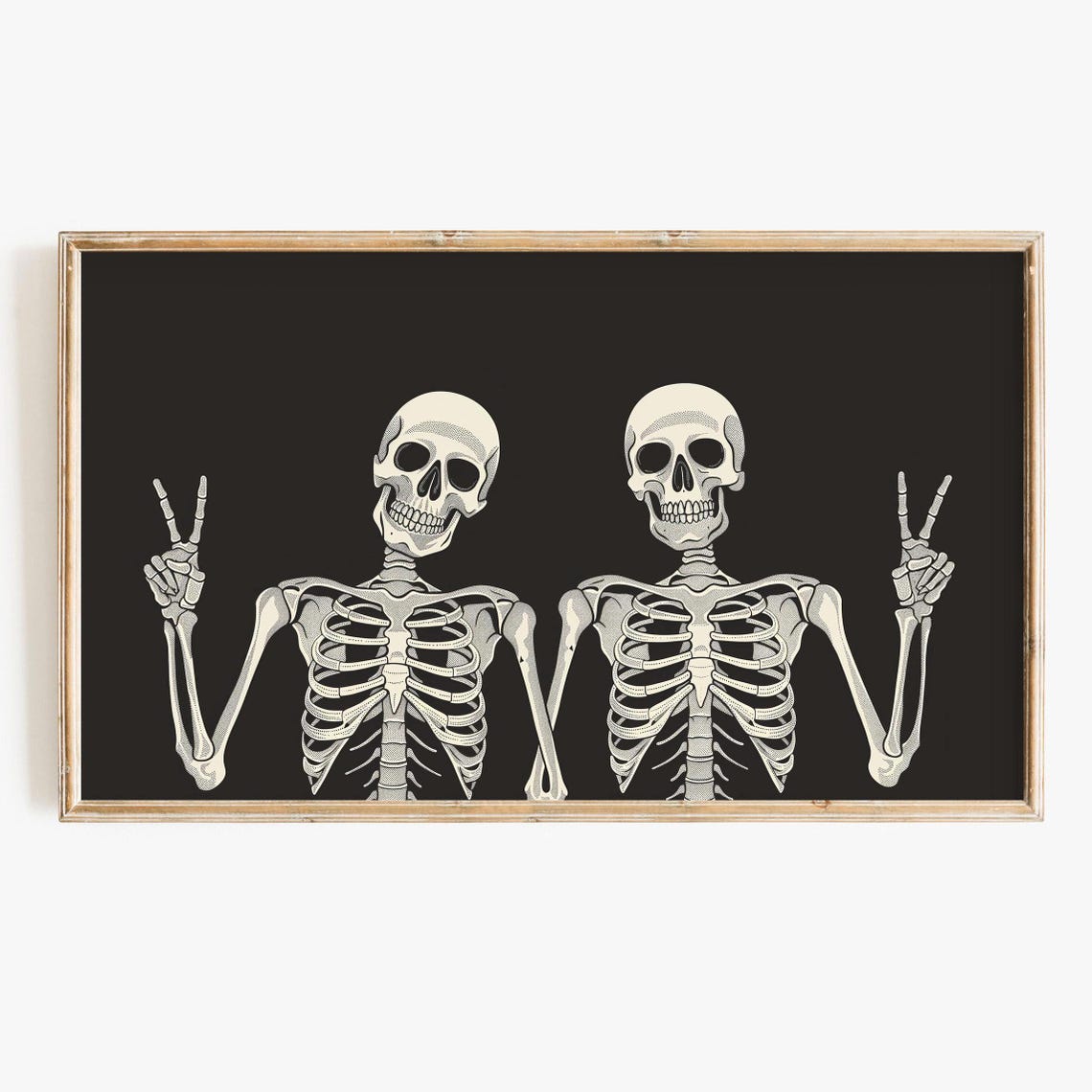 Two Skeletons Peace Signs Black White Minimalist Halloween Poster