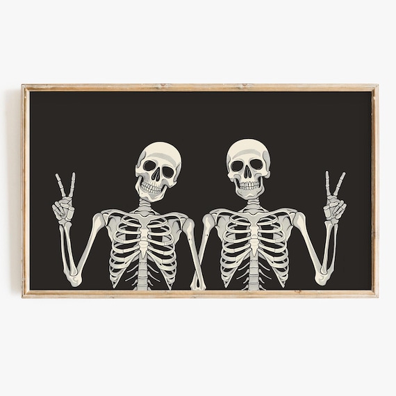 Two Skeletons Peace Signs Black White Minimalist Halloween Poster