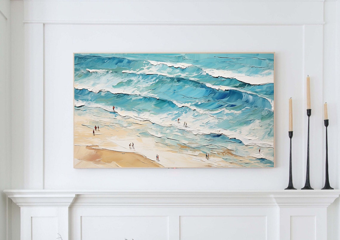Abstract Textured Turquoise Waves Sandy Shore Beach Figures Wall Art - Image 4