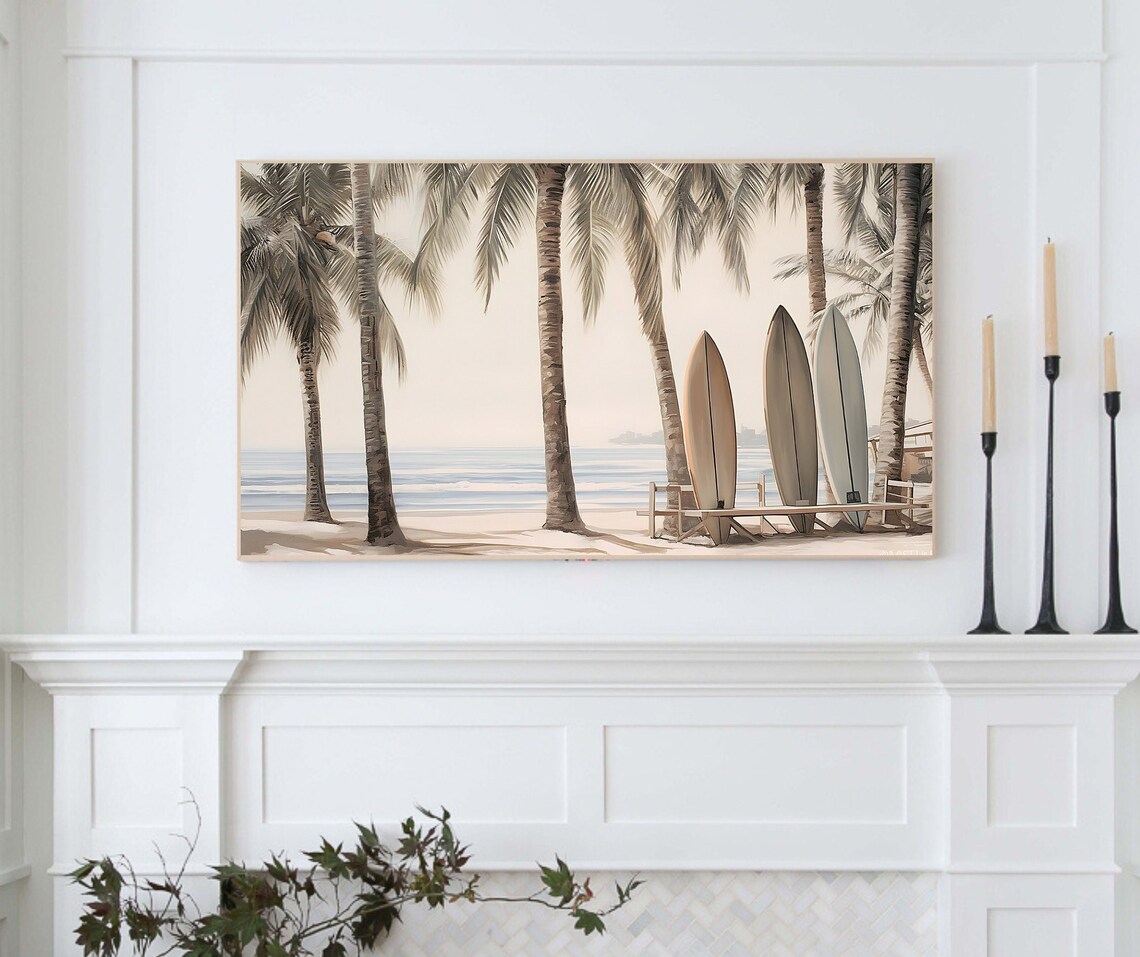 Summer Tropical Palm Trees and Surfboard Art Print - Image 3
