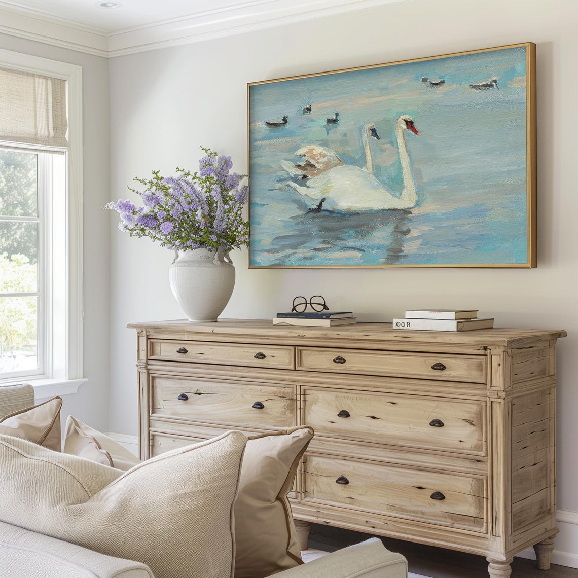 Two White Swans On Blue Water Ducks Serene Lake Painting Poster - Image 5