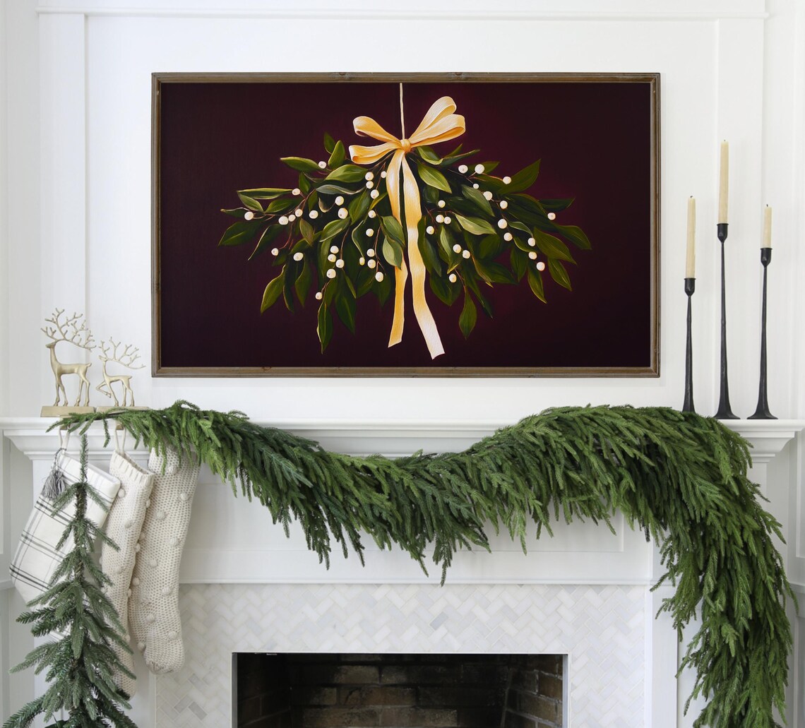 Moody Dark Botanical Mistletoe Christmas Art Print - Image 2