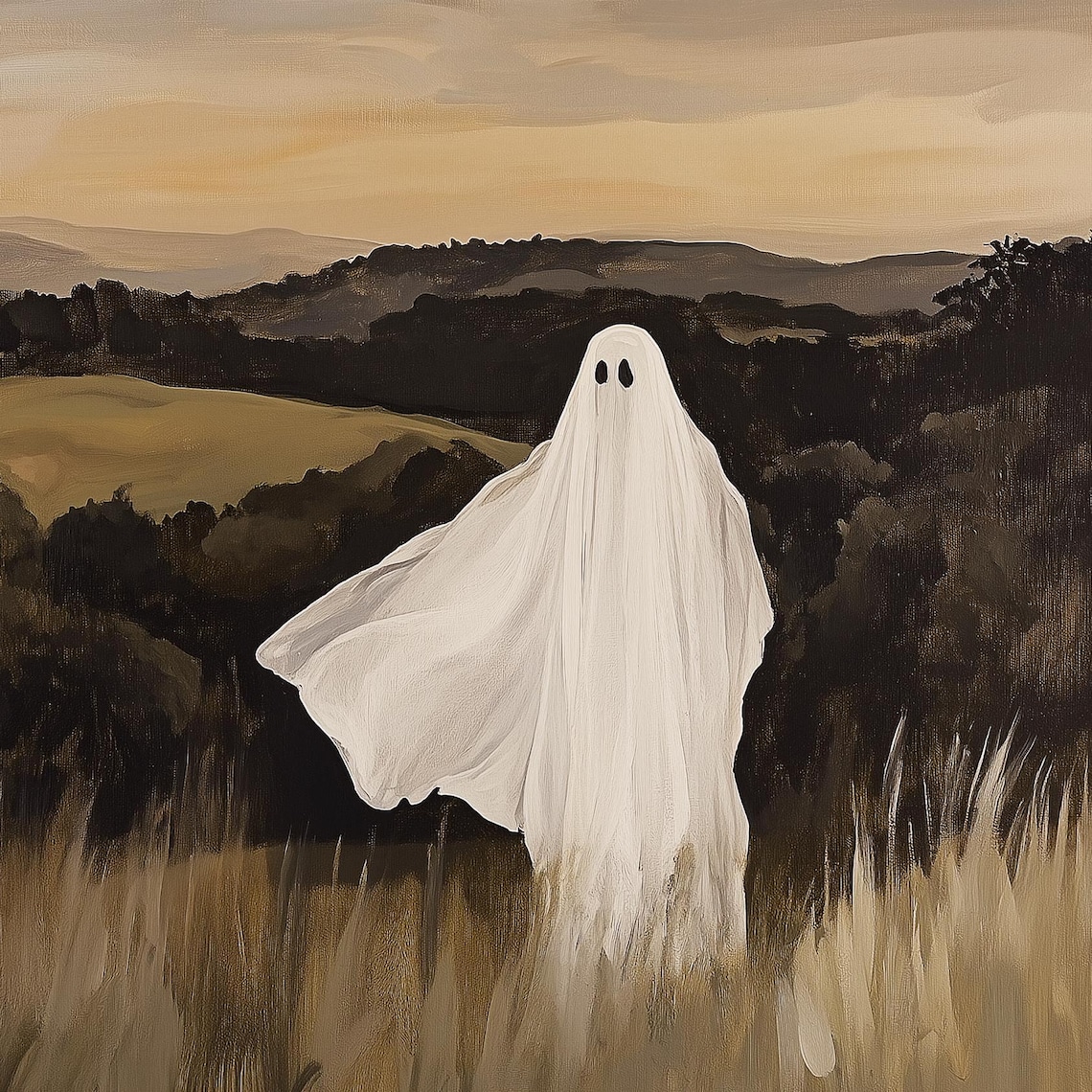 Sheet Ghost Overlooking Rolling Autumn Hills Golden Dusk Halloween Poster - Image 3