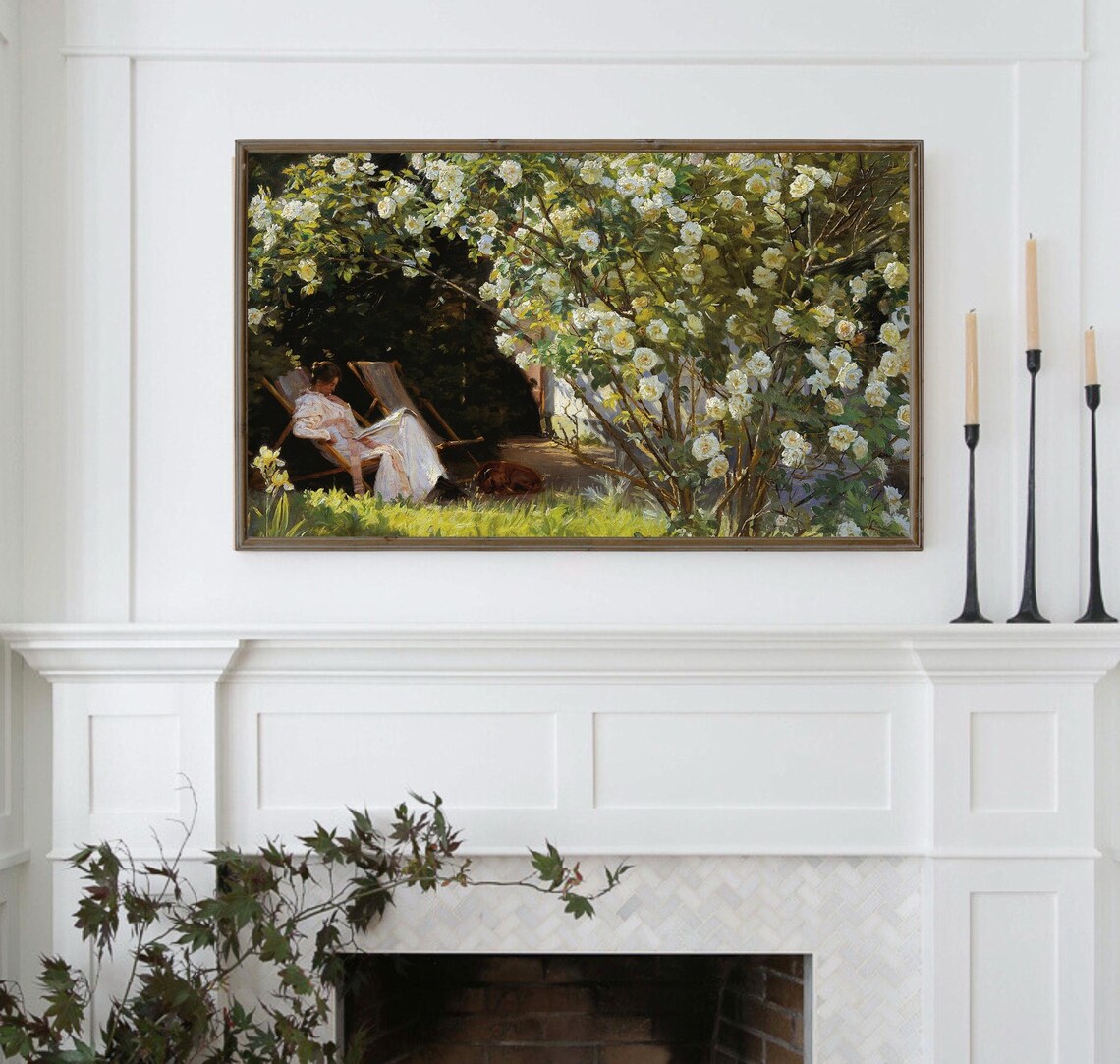 Woman Reading In White Rose Garden Vintage Impressionist Poster - Image 5