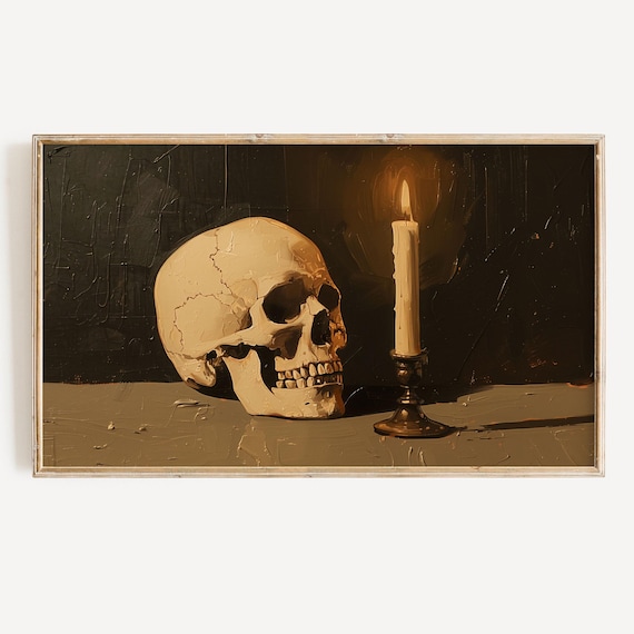 Vintage Skull With Candle Still Life Dark Academia Moody Wall Art
