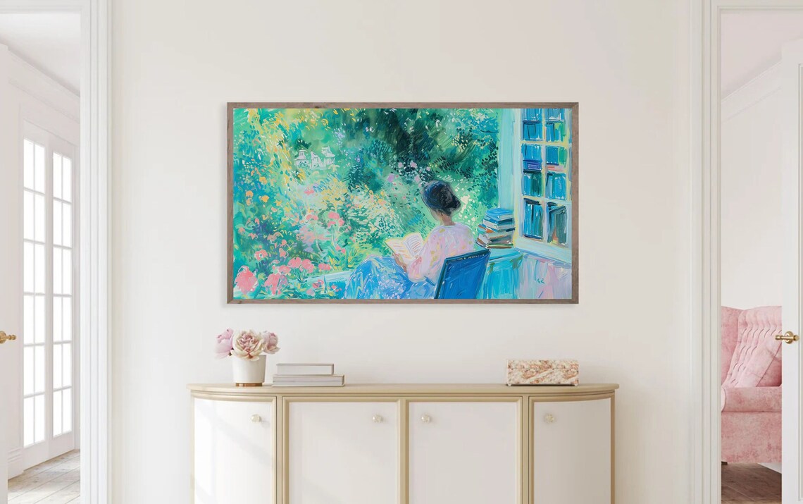 Woman Reading By Window Garden Bookish Cottagecore Art Poster - Image 3