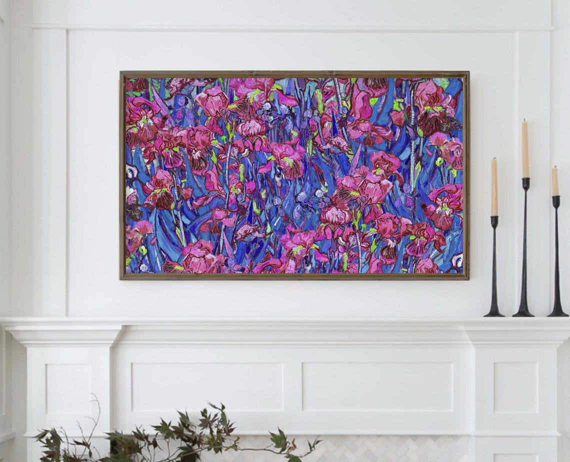 Vibrant Magenta Iris Flowers Impasto Floral Garden Painting Poster - Image 3