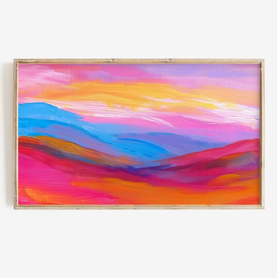 Vibrant Abstract Sunset Landscape Pink Orange Blue Brushstroke Wall Art