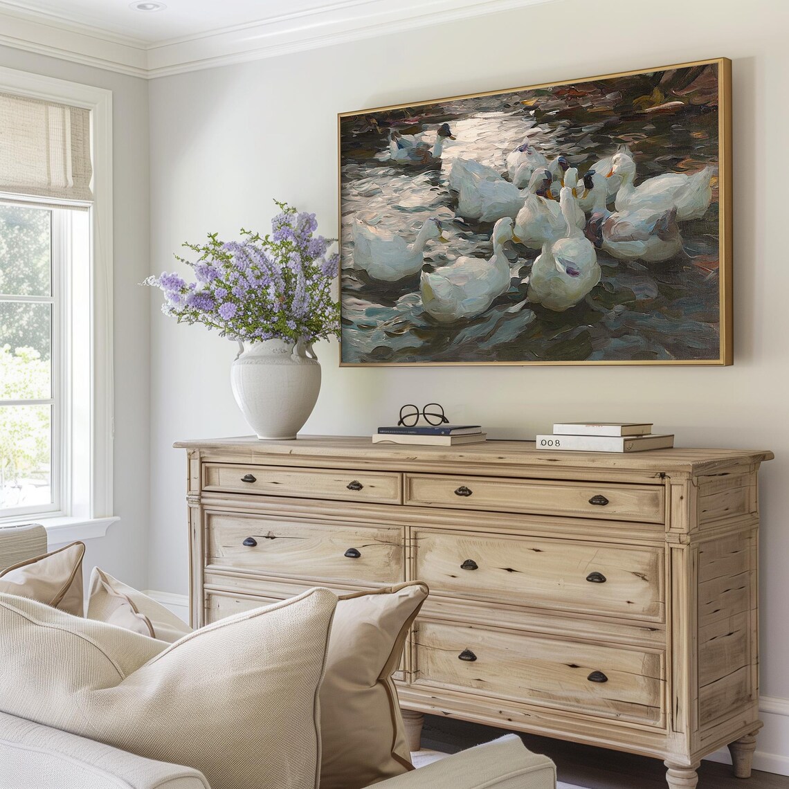 White Ducks On Shimmering Pond Vintage Oil Painting Moody Poster - Image 4
