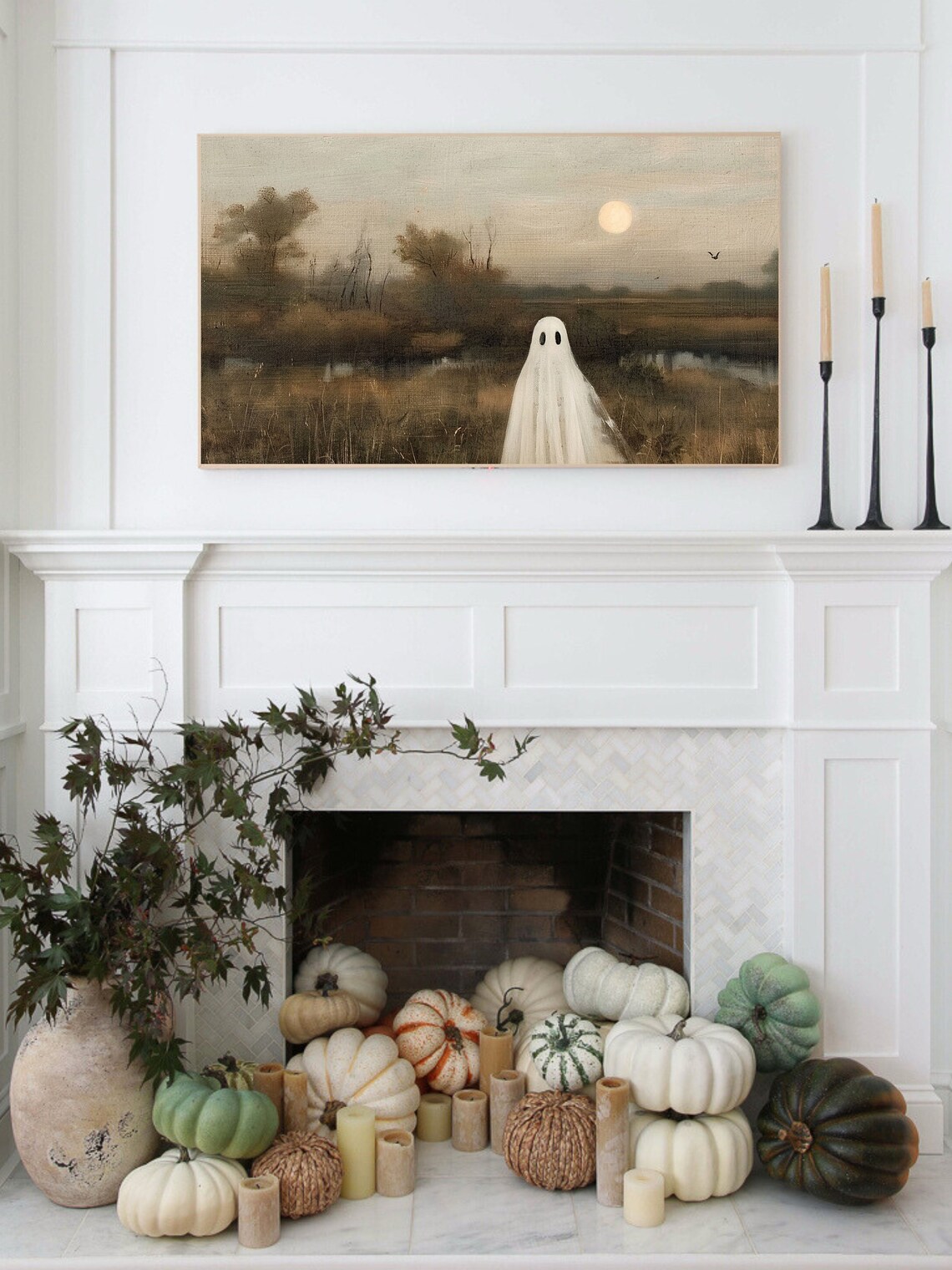 Halloween Ghost Art Print, Vintage Autumn Landscape - Image 3