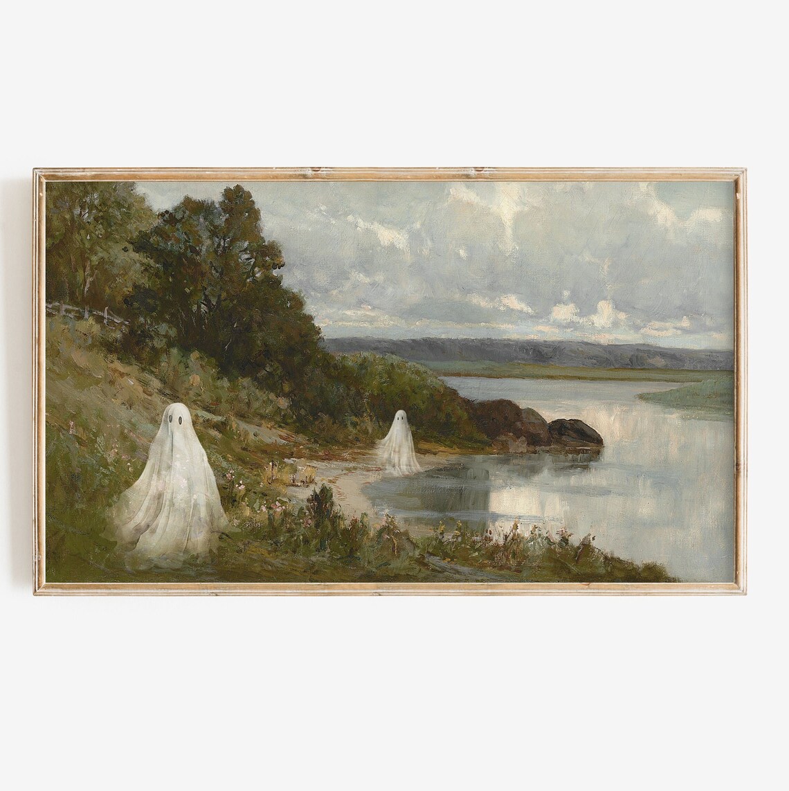 Vintage Halloween Ghost Painting, Spooky Landscape Art Print