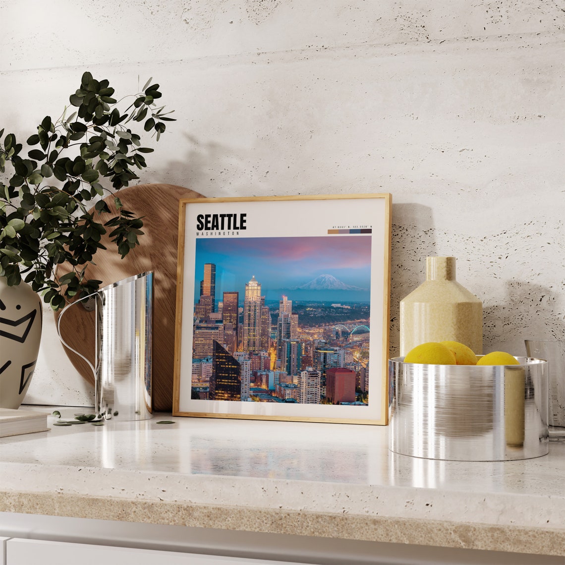 Seattle Washington Skyline Mount Rainier Dusk Purple Sky Poster - Image 4