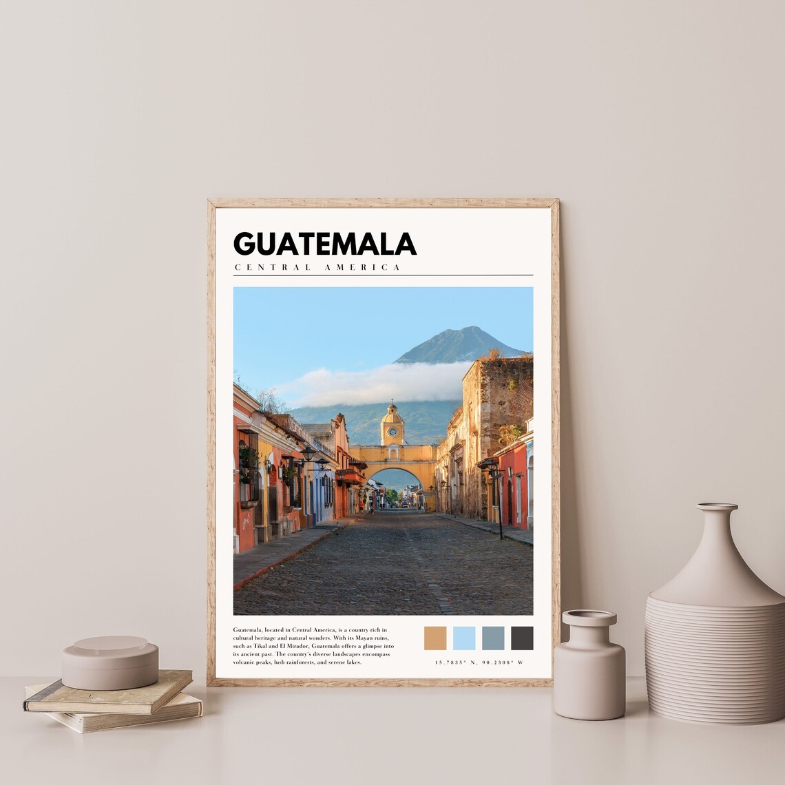 Guatemala Antigua Cobblestone Street Arch Volcano View Travel Poster - Image 4