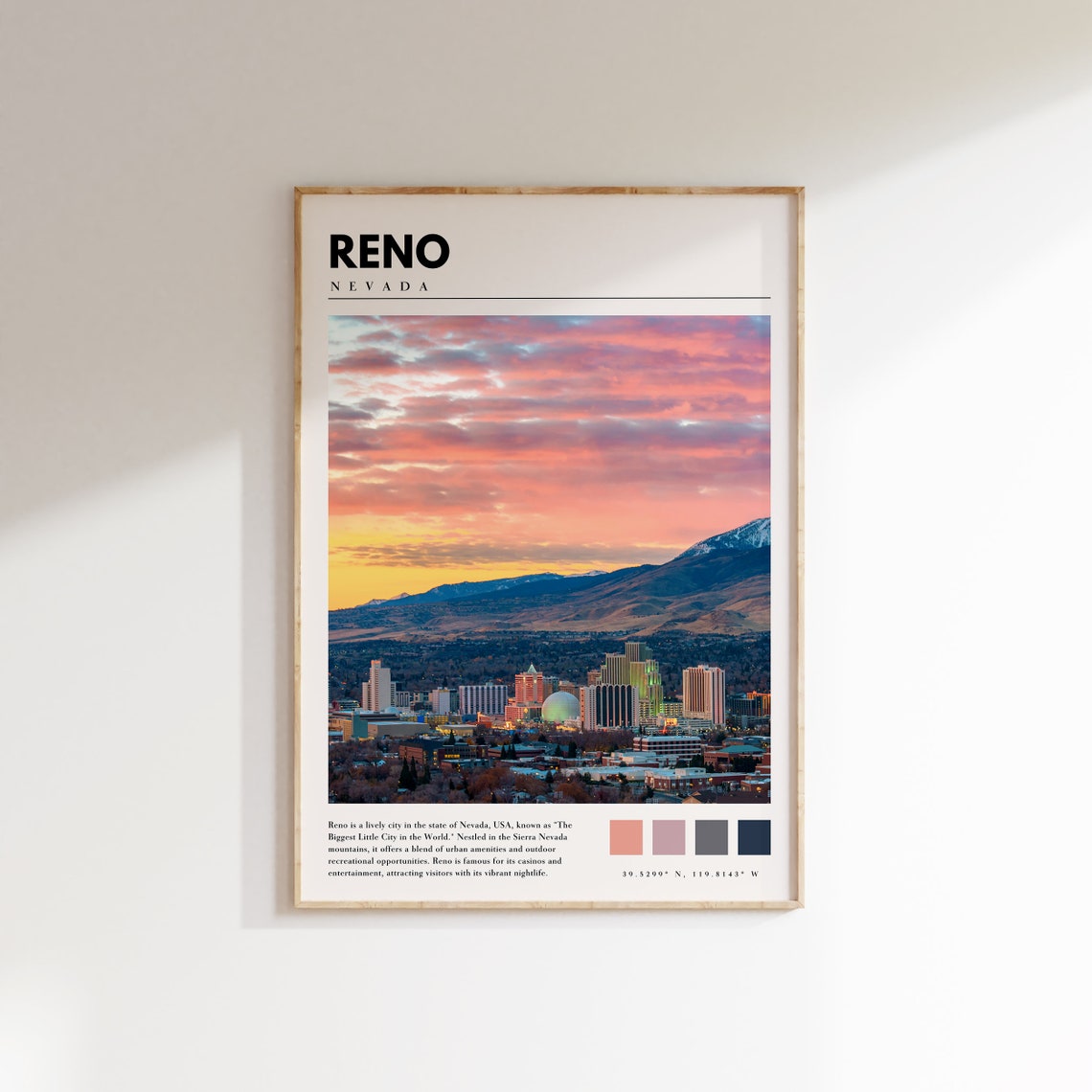 Reno Nevada City Skyline Sunset Pink Clouds Mountain View Poster
