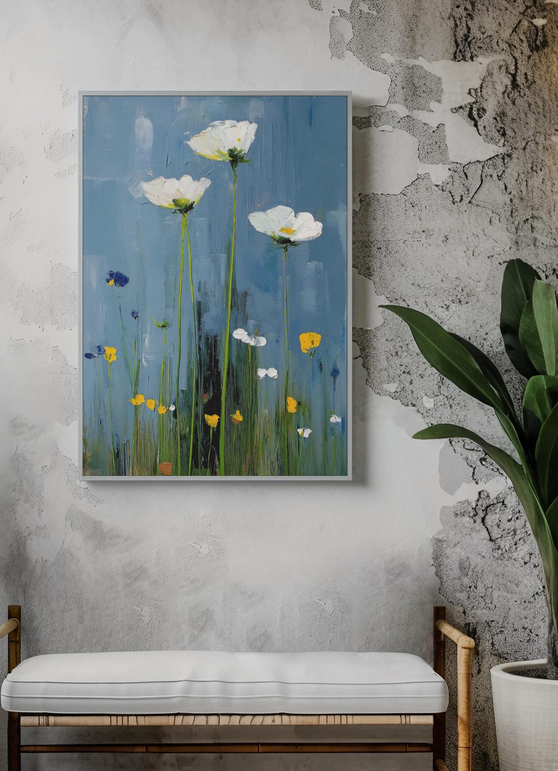 White Wildflowers On Blue Abstract Minimalist Floral Art Poster - Image 2