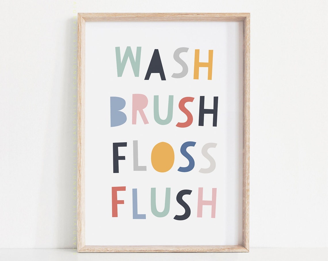 Wash Brush Floss Flush Colorful Bathroom Rules Kids Poster Decor