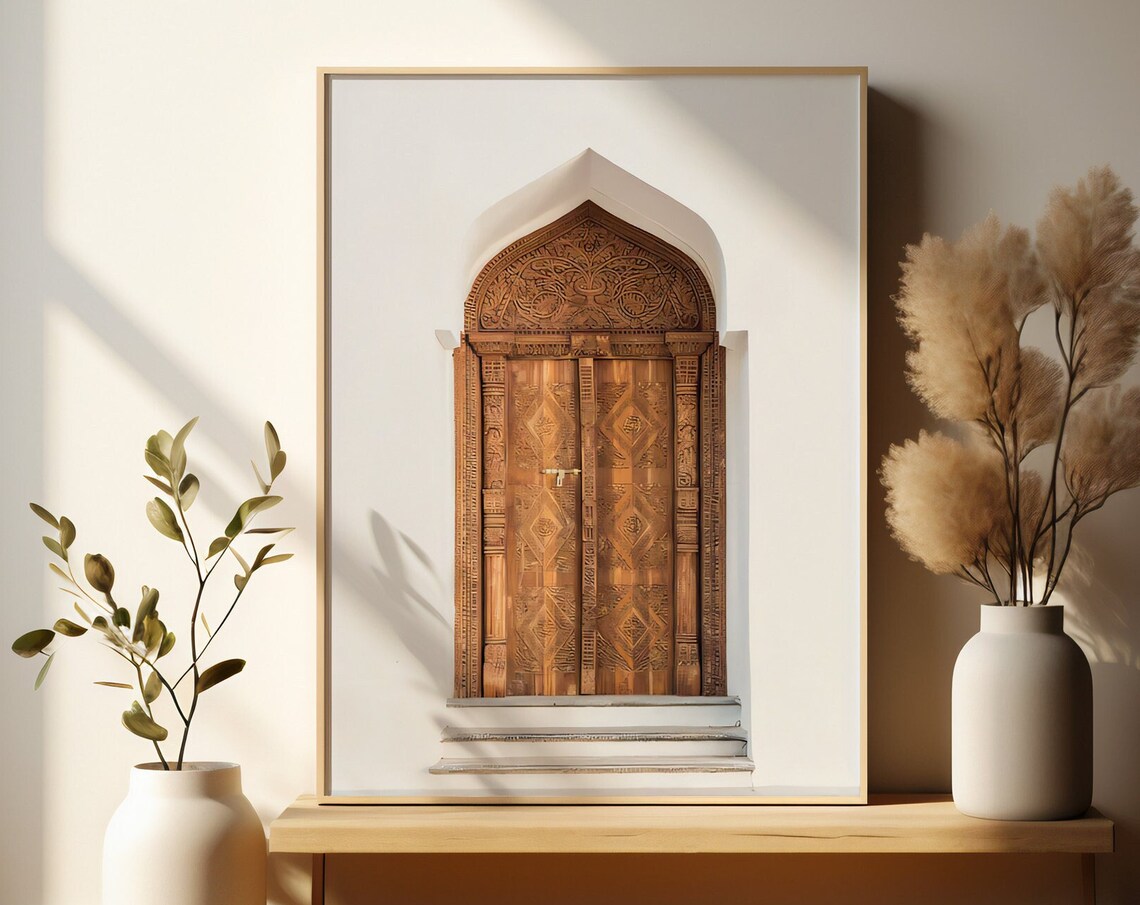 Hand Carved Wooden Arched Timber Door Against White Wall Poster