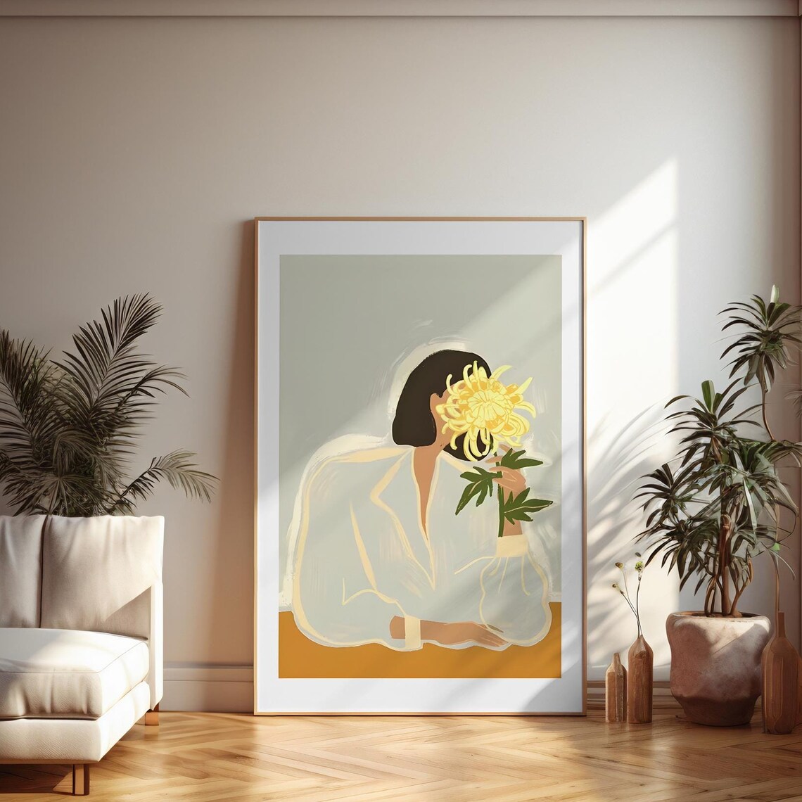 Abstract Wall Art The Chrysanthemum Print Home Decor Modern Art Print Of Woman In A Blouse And Dark Hair Hiding Behind A Flower In Yellow