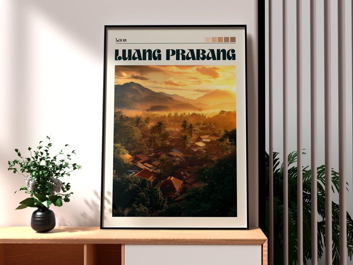 Luang Prabang Laos Sunrise Palm Village Mountain Mist Travel Poster