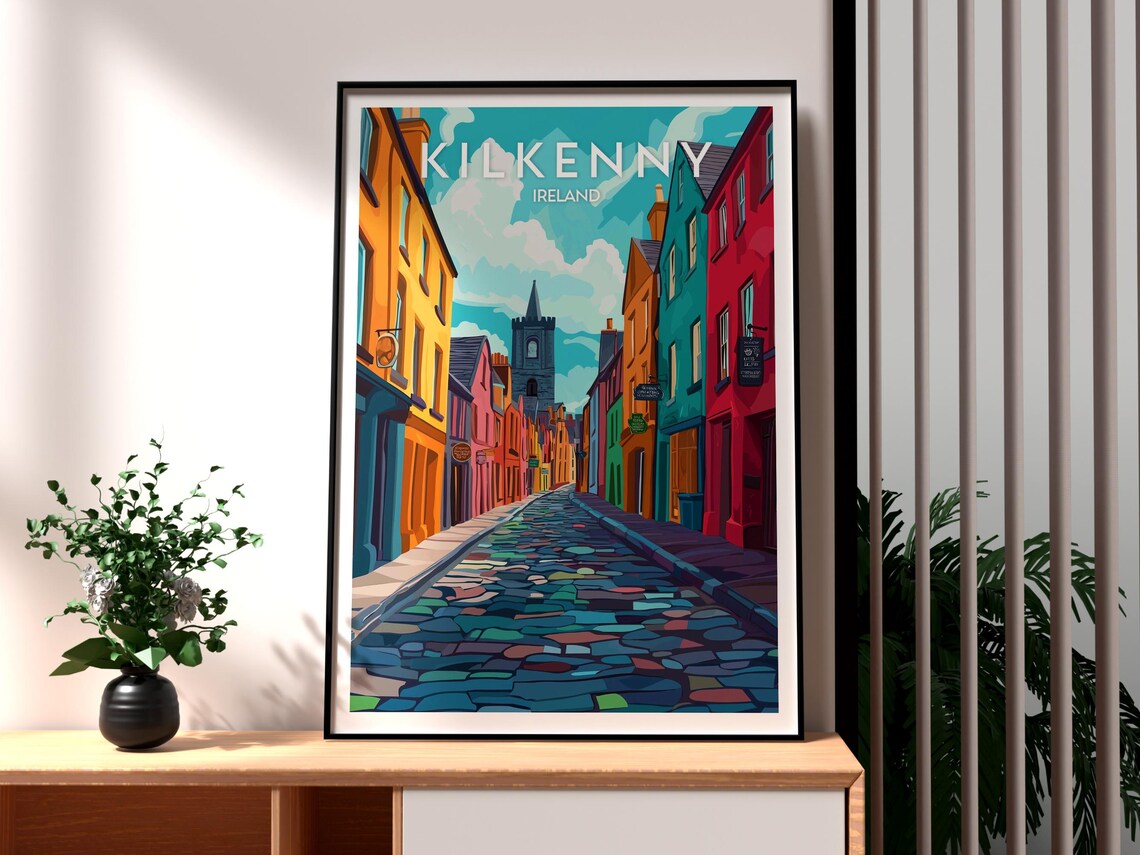 Kilkenny Ireland Colorful Cobblestone Street Church Tower Poster