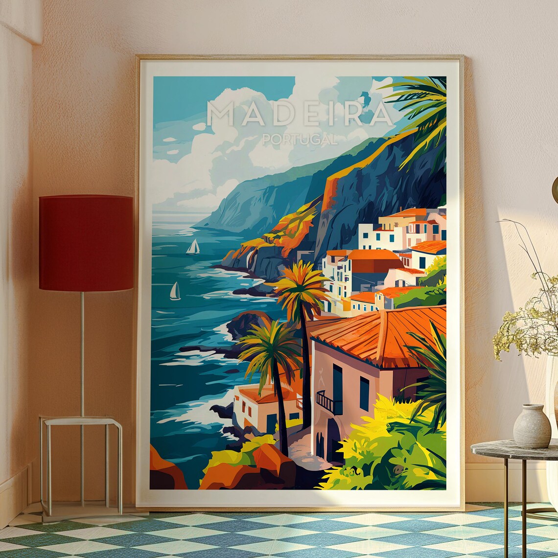 Madeira Portugal Cliff Coast Palm Trees Ocean Village Poster - Image 2