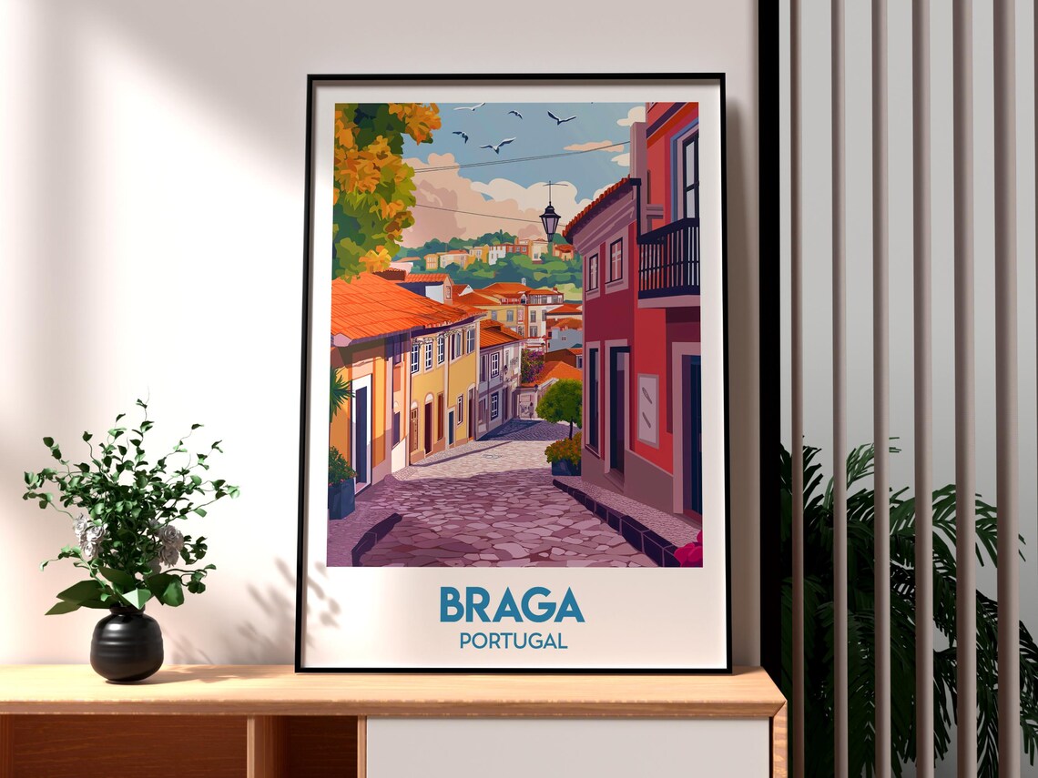 Braga Portugal Cobblestone Street Historic Charm Travel Poster