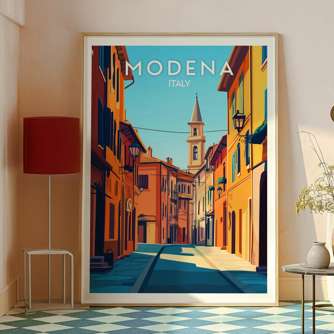 Modena Italy Charming Old Town Street Bell Tower Vista Poster - Image 2