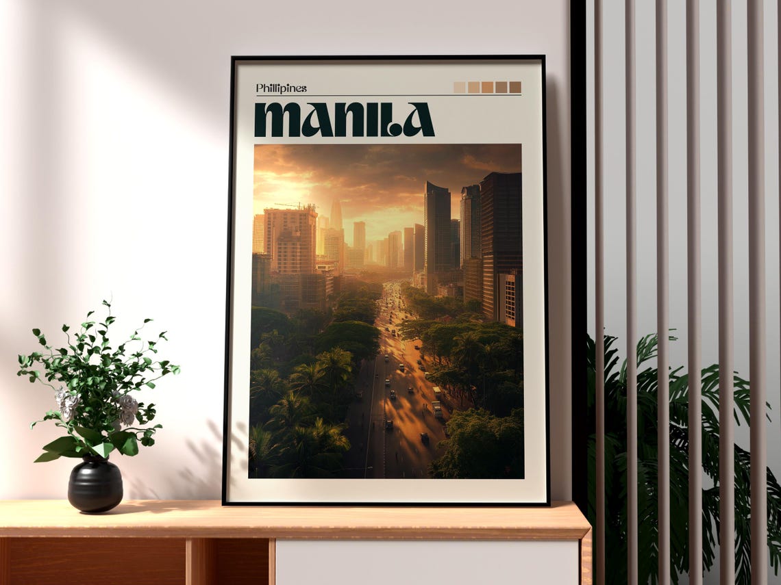 Manila Philippines Sunset City Boulevard Palm Tree Skyline Poster