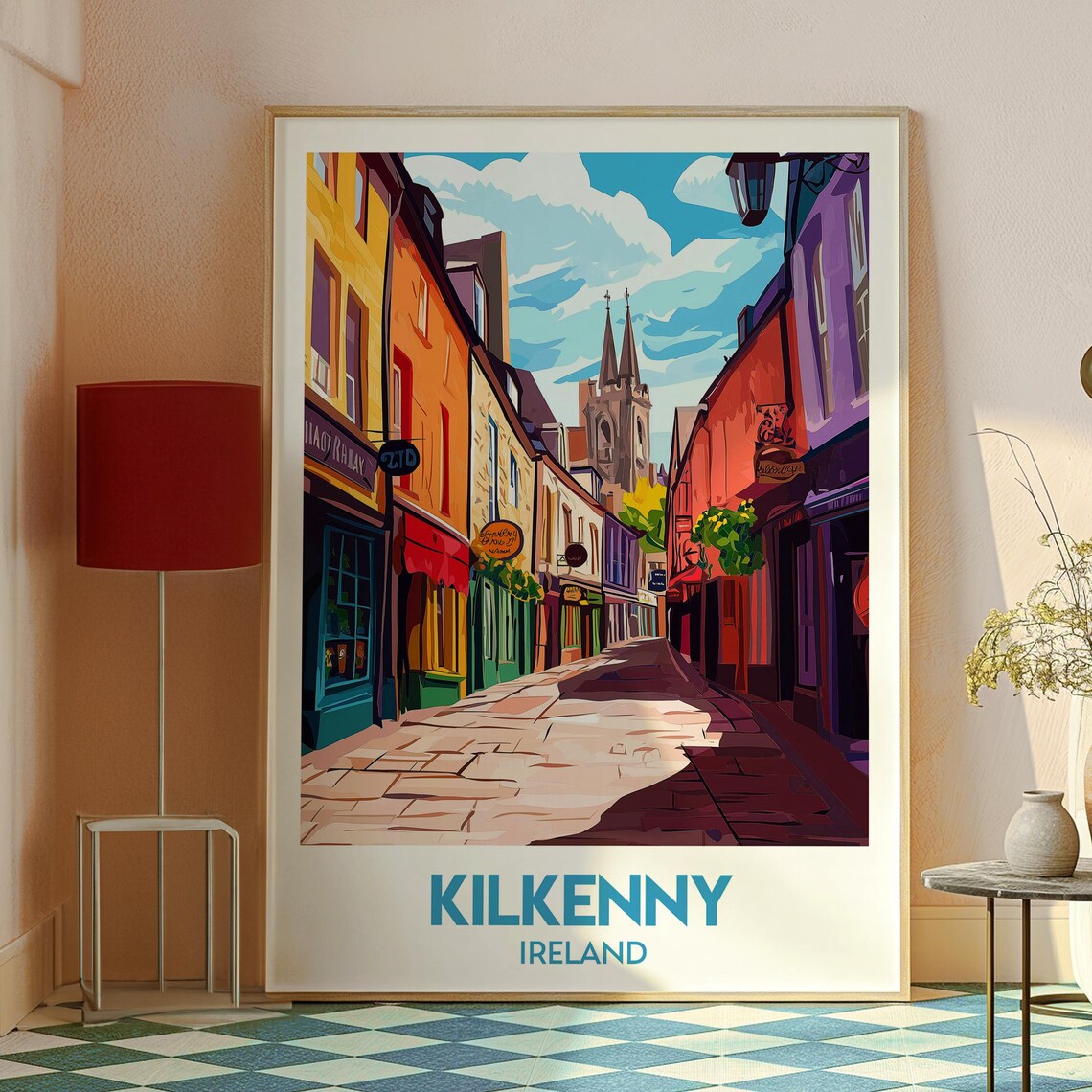 Kilkenny Ireland Colorful Historic Street Church Spire Town Poster - Image 2