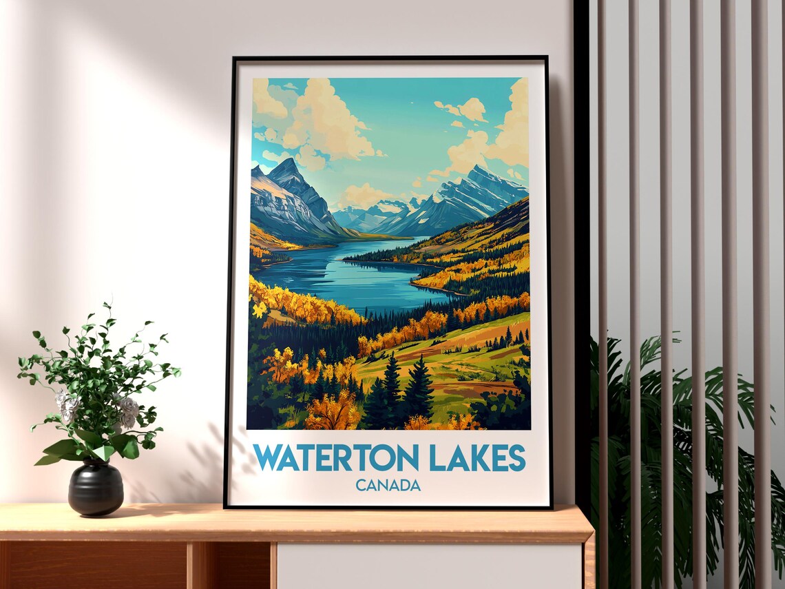 Waterton Lakes Canada Alpine Lake Autumn Forests Travel Poster